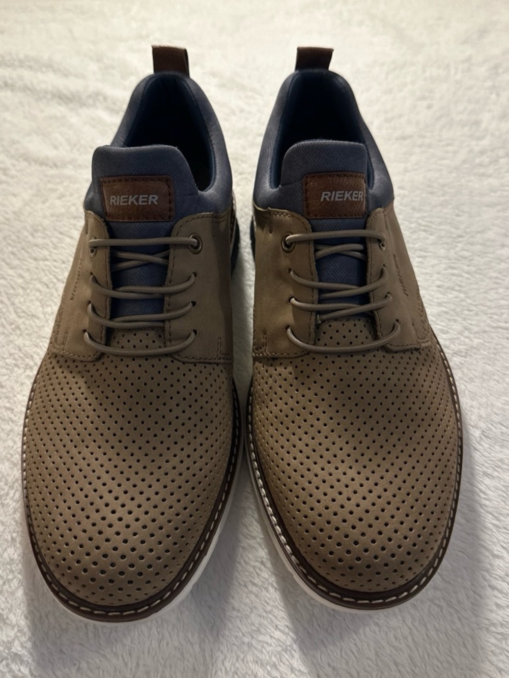 Rieker Brown Perforated Lace-Up Oxfords with Navy Trim